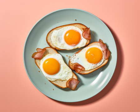 three eggs on toast with ham and bacon on a blue plateの素材