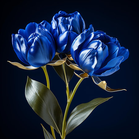 three blue tulips on a black backgroundの素材
