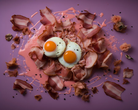 two eggs and bacon on a purple backgroundの素材