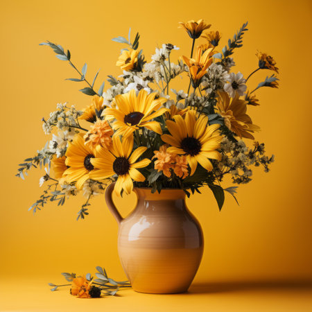 yellow sunflowers in a vase on a yellow backgroundの素材