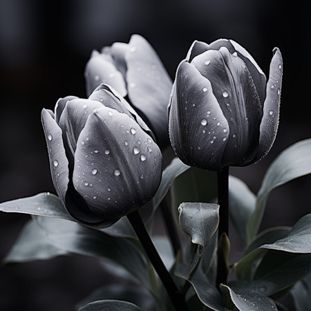 two black and white tulips with water droplets on themの素材