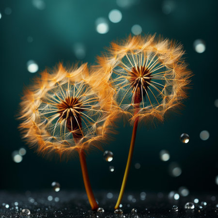 two dandelions with water droplets on a dark backgroundの素材