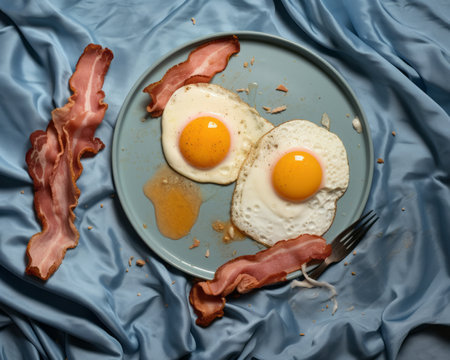 two eggs and bacon on a blue plateの素材