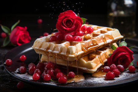 waffles with syrup and red rose on a black plateの素材