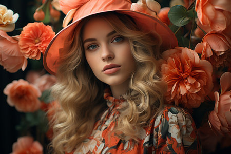 a beautiful blonde woman wearing an orange hat in front of flowersの素材
