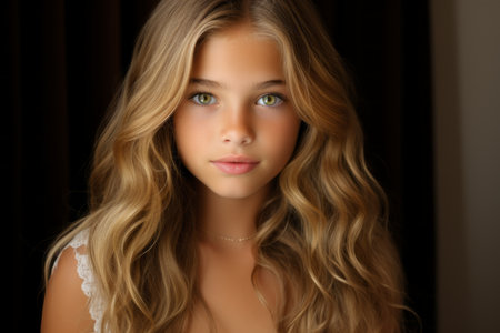 a beautiful young woman with long wavy hair and green eyesの素材