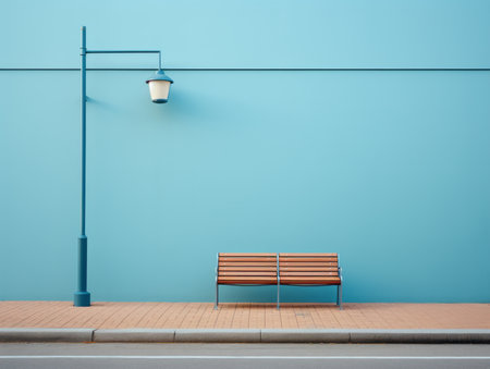 a bench sitting next to a street lamp in front of a blue wallの素材