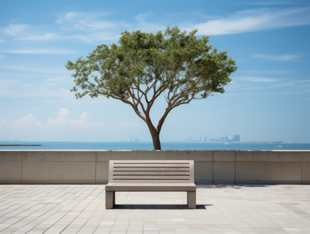 a bench sitting in front of a tree with the ocean in the backgroundの素材