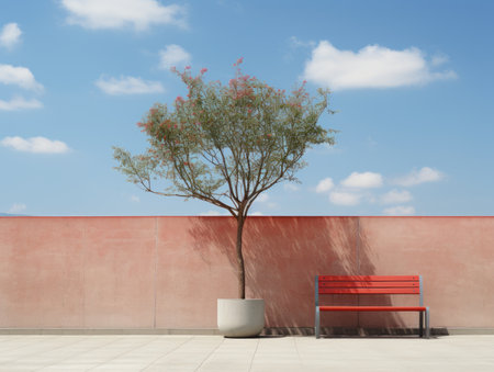 a bench and a tree next to a wallの素材
