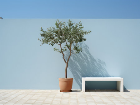 a bench and a potted tree in front of a blue wallの素材