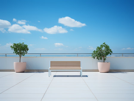 a bench sitting on a white tiled roof with a view of the oceanの素材