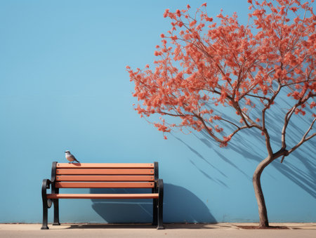 a bird sits on a bench next to a treeの素材