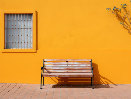 a bench sitting in front of an orange wallの素材