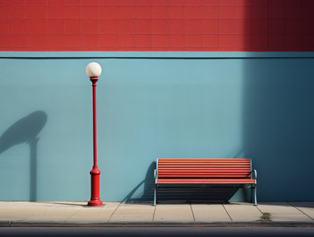a bench sitting next to a street lamp in front of a blue wallの素材