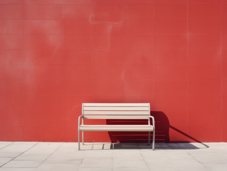 a bench sitting in front of a red wallの素材