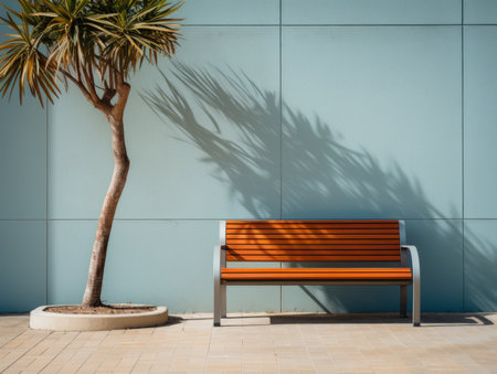 a bench sitting next to a tree in front of a wallの素材