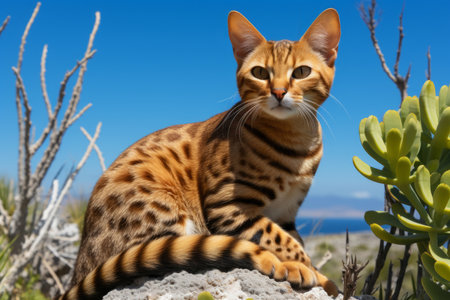 a bengal cat sitting on top of a rockの素材