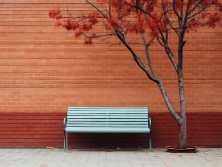 a bench sitting next to a tree in front of a brick wallの素材