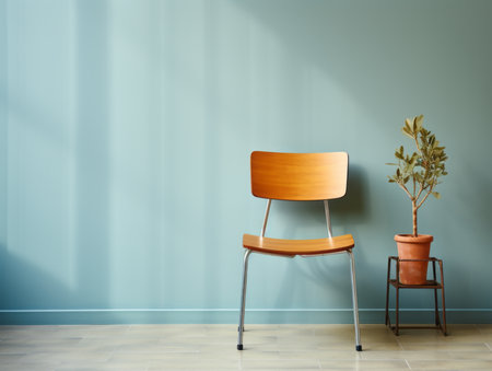 a chair and potted plant in front of a blue wallの素材