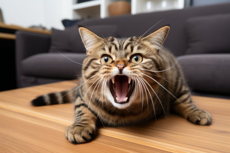 a cat yawning while sitting on a table in front of a couchの素材