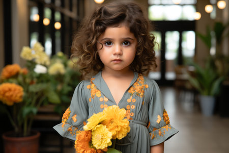 a little girl holding a bouquet of flowersの素材