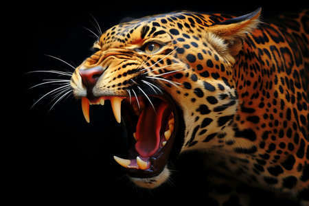 a jaguar with its mouth open on a black backgroundの素材