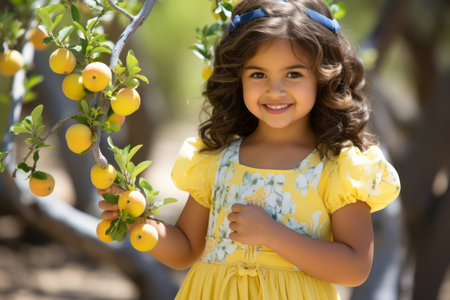 a little girl in a yellow dress holding a lemon treeの素材