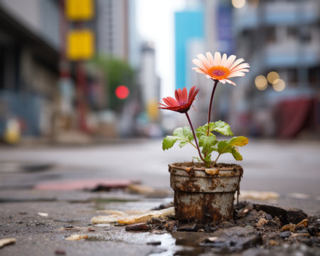 a flower growing in a pot on the streetの素材