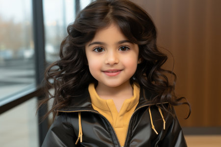 a little girl in a yellow shirt and black jacketの素材