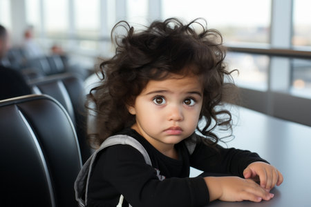 a little girl sitting at a table in an airportの素材