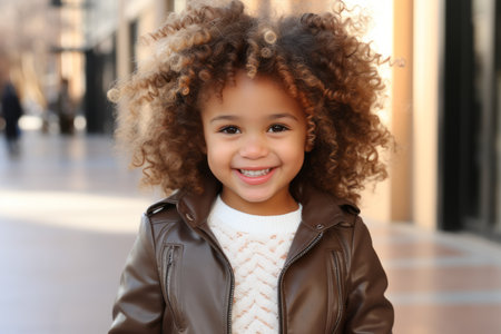 a little girl with curly hair wearing a brown jacketの素材