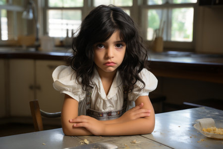 a little girl sitting at a table with her arms crossedの素材