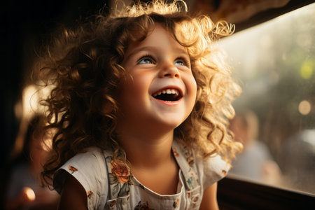a little girl smiles as she looks out the windowの素材