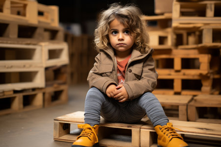 a little girl sitting on a pile of wooden palletsの素材