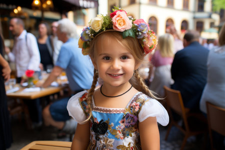 a little girl wearing a flower crown at an outdoor restaurantの素材