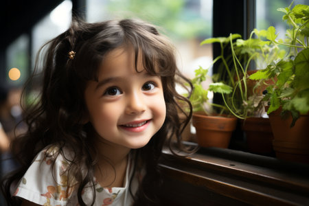a little girl smiles as she looks out the windowの素材