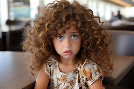 a little girl with curly hair sitting at a tableの素材