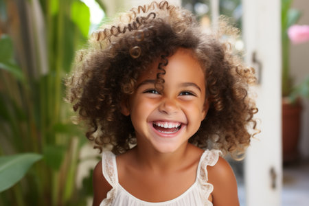 a little girl with curly hair smiles for the cameraの素材