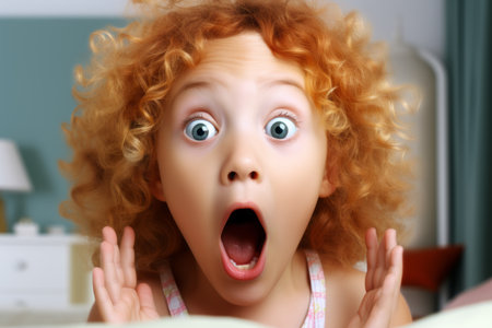 a little girl with an open mouth is looking at the cameraの素材