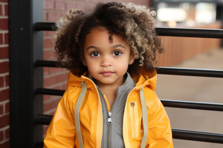 a little girl with curly hair wearing a yellow jacketの素材