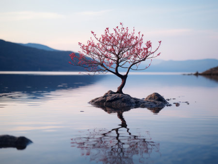 a lone tree is standing on a rock in the middle of a lakeの素材