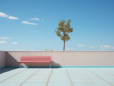 a red bench sitting on top of a roof with a tree in the backgroundの素材