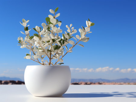 a plant in a white vase on a table in front of a blue skyの素材