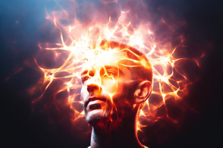 a man with fire coming out of his headの素材