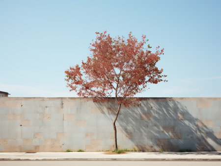 a lone tree in front of a concrete wallの素材