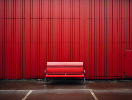 a red bench sitting in front of a red wallの素材