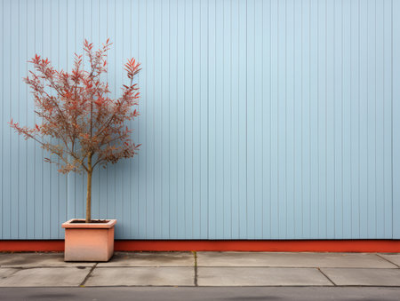 a potted tree in front of a blue wallの素材