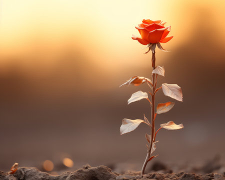 a single red rose is growing out of the groundの素材