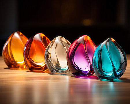 a row of colorful glass vases sitting on a tableの素材