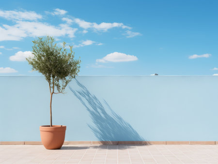 a potted olive tree in front of a blue wallの素材
